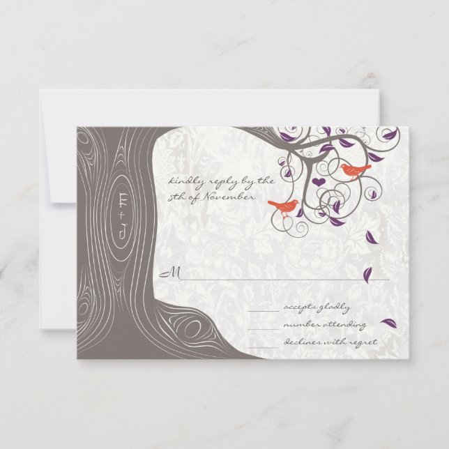 Driftwood Tree Swirl Love Birds Wedding RSVP (Front)