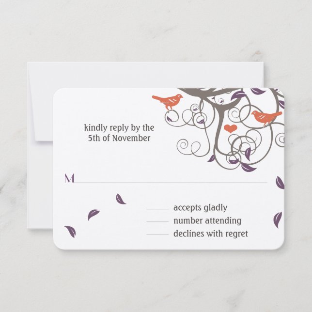 Driftwood Tree Swirl Love Birds Wedding RSVP (Front)