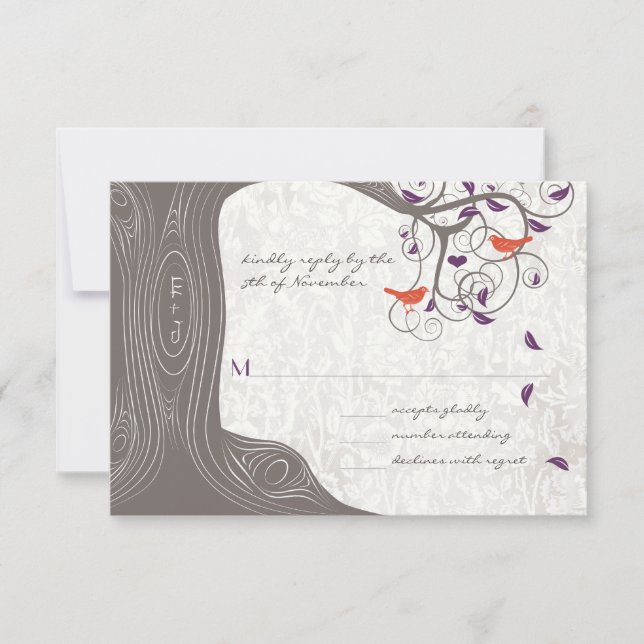 Driftwood Tree Swirl Love Birds Wedding RSVP Card (Front)