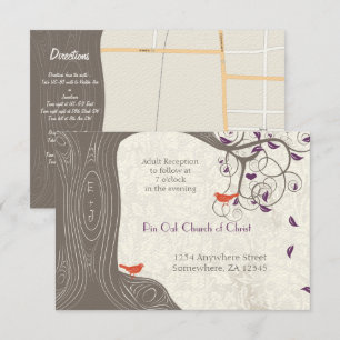 Driftwood Tree Tangerine Birds Purple Leaf Wedding Invitation