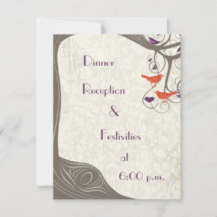 Driftwood Tree Tangerine Birds Purple Leaf Wedding Invitation
