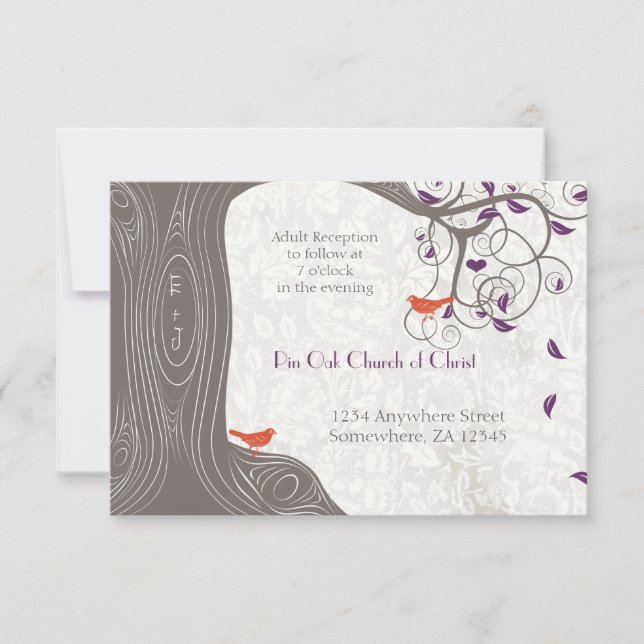 Driftwood Tree Tangerine Birds Purple Leaf Wedding Invitation (Front)