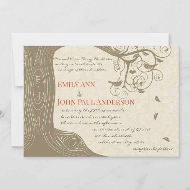 Driftwood Tree Tangerine Birds Wedding Invitations (Front)