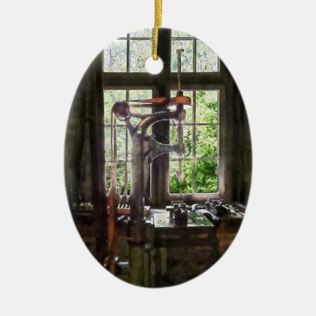 Drill Press by Window Ceramic Tree Decoration (Front)