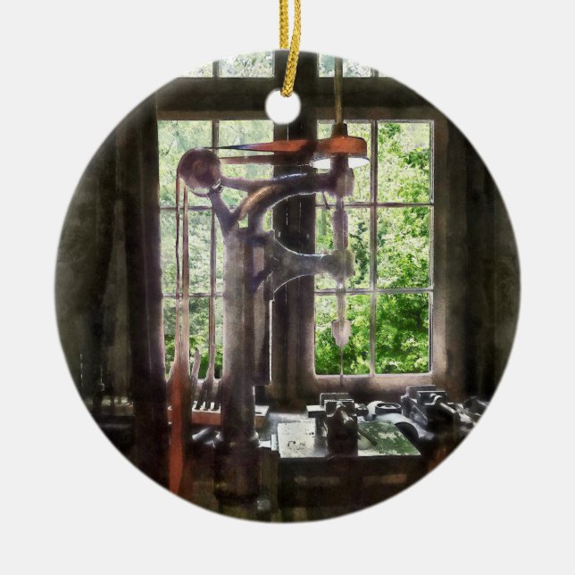 Drill Press by Window Ceramic Tree Decoration (Front)