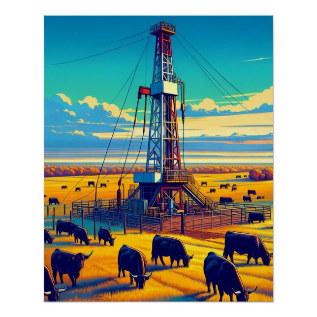Drilling Rig and Black Cattle  Poster (Front)