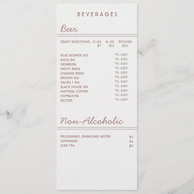 Drink 4.5" x 6.25" Flat Menu Card for Beer & Wine (Front)