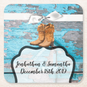 Drink Coasters Blue Wood Barn Door Boots Country