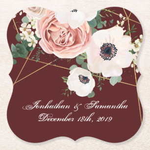 Drink Coasters Geometric Garden Rose Wine Burgundy