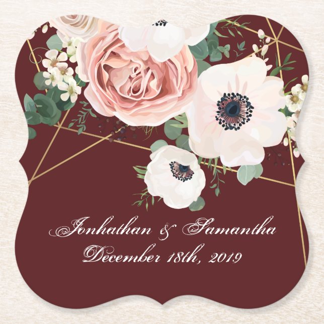 Drink Coasters Geometric Garden Rose Wine Burgundy (Front)