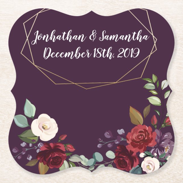 Drink Coasters Geometric Plum Purple Roses Gold Ge (Front)