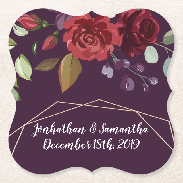 Drink Coasters Plum Purple Roses Gold Geometric Fl (Front)