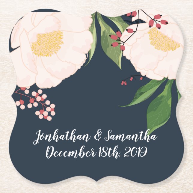 Drink Coasters White Floral Flowers on Dark Blue (Front)