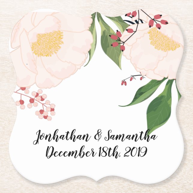 Drink Coasters White Floral Flowers on White (Front)