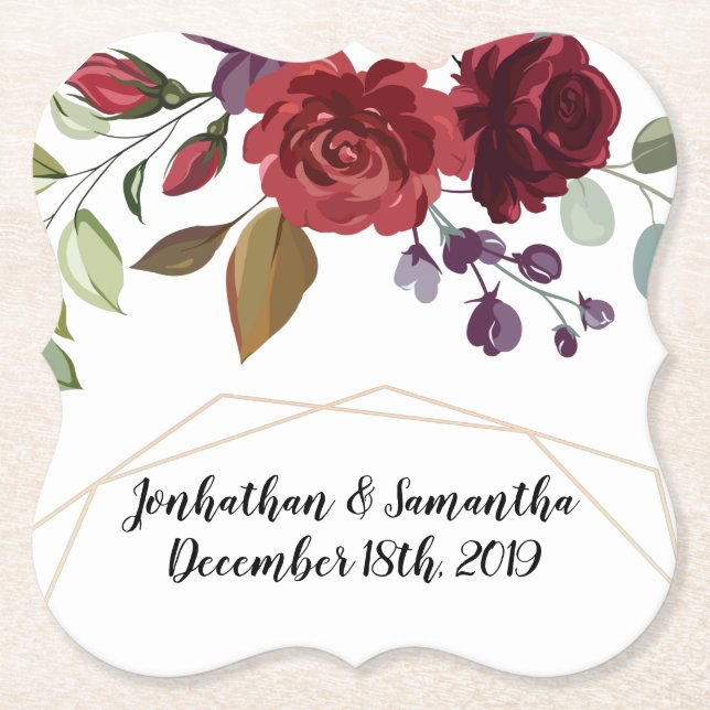 Drink Coasters White Roses Gold Geometric Floral F (Front)