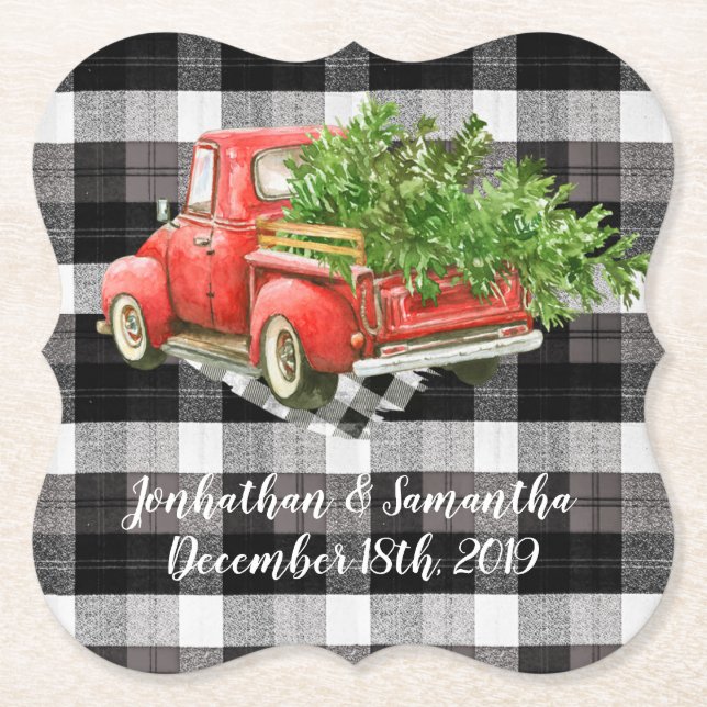 Drink Coasters XMAS Truck Buffalo Plaid Christmas (Front)