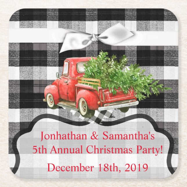 Drink Coasters XMAS Truck Christmas Buffalo Plaid (Front)