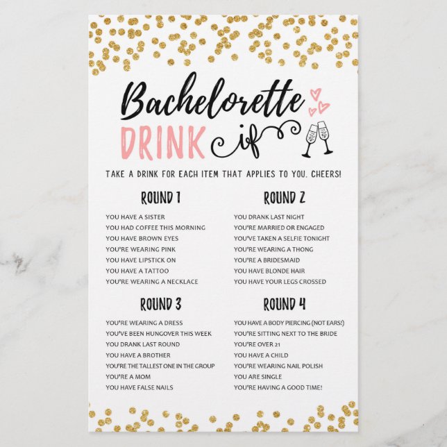 DRINK IF Bachelorette or Hen Party game (Front)