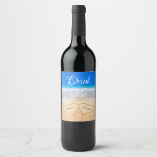 Drink Me Beach Wedding Hearts in Sand Wine Label