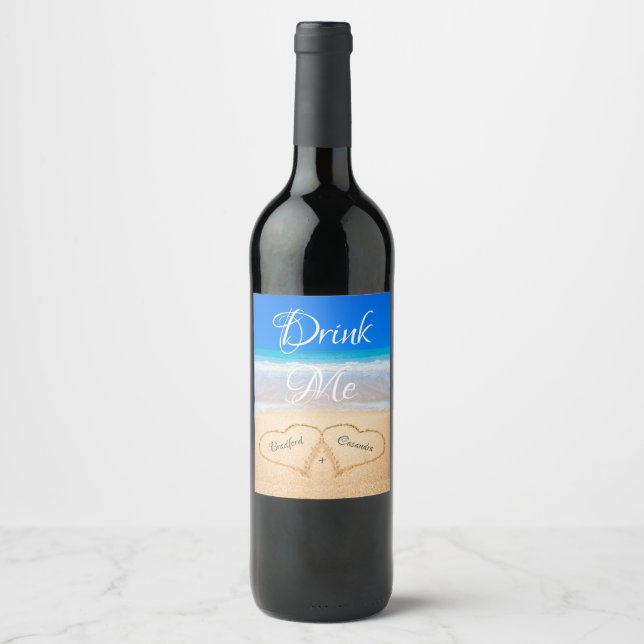 Drink Me Beach Wedding Hearts in Sand  Wine Label (Front)
