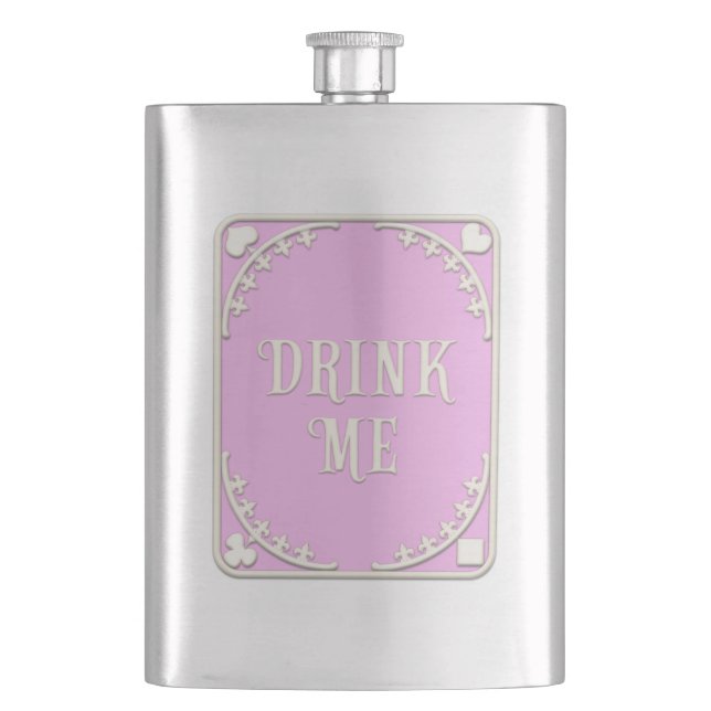 "Drink Me" Wonderland Tea Party Cute Pink Emblem Hip Flask (Front)