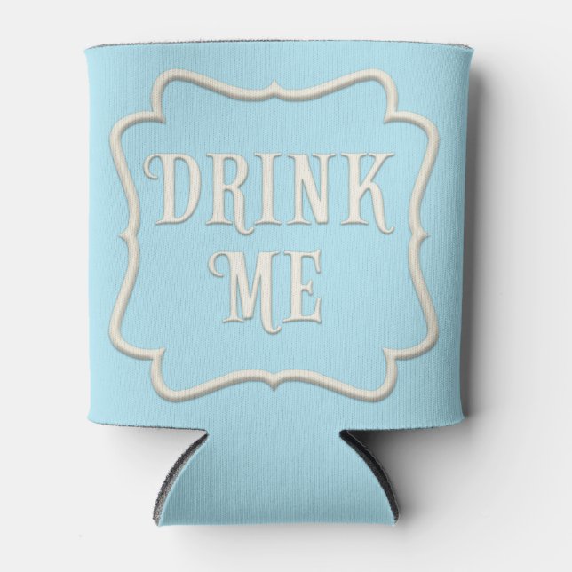 "Drink Me Wonderland Tea Party Pastel Blue Can Cooler (Front)