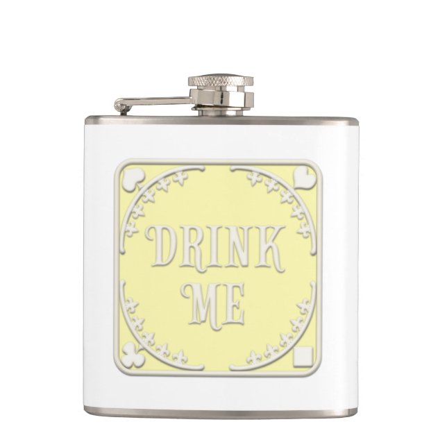 "Drink Me" Wonderland Tea Party Yellow Emblem Hip Flask (Front)