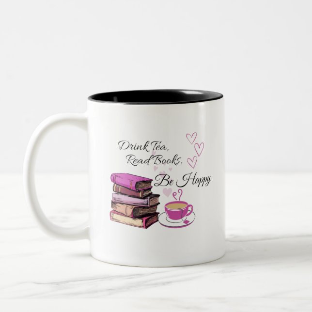 "Drink Tea. Read Books. Be Happy. – Cosy Reader Mu Two-Tone Coffee Mug (Left)