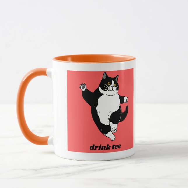 "Drink Tee" Tuxedo Cat Illustration Mug (Left)