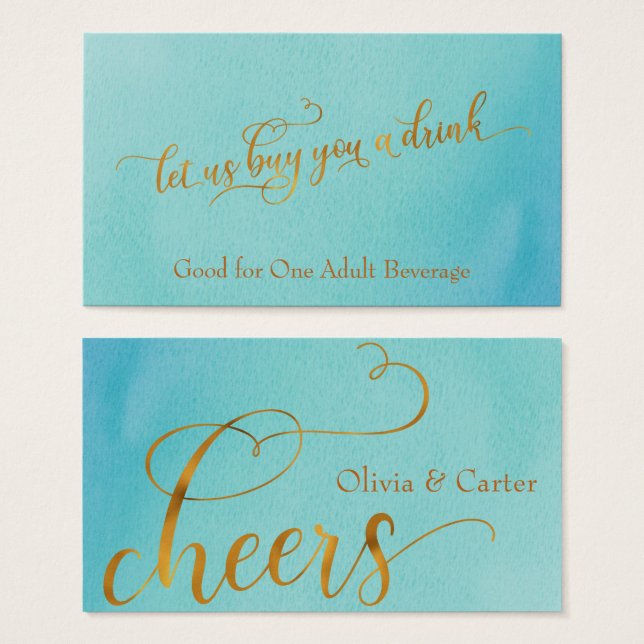 Drink Tickets, Elegant Gold Script w/ Watercolor (Front & Back)