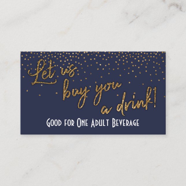 Drink Tickets, Gold Confetti on Midnight Blue Discount Card (Front)