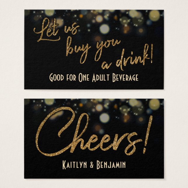 Drink Tickets, Gold Glitter on Black & Gold Bokeh (Front & Back)