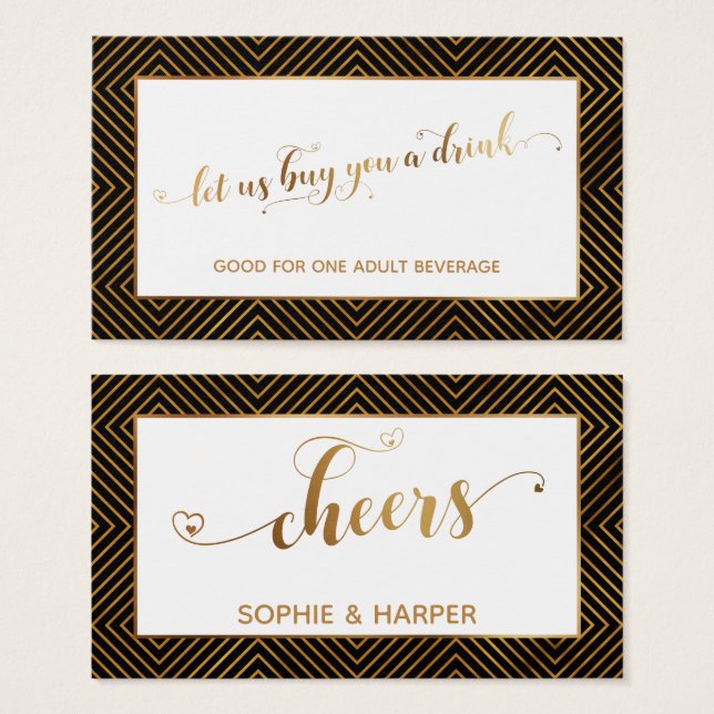 Drink Tickets, Gold Hearts Script, Diamonds, Black (Front & Back)
