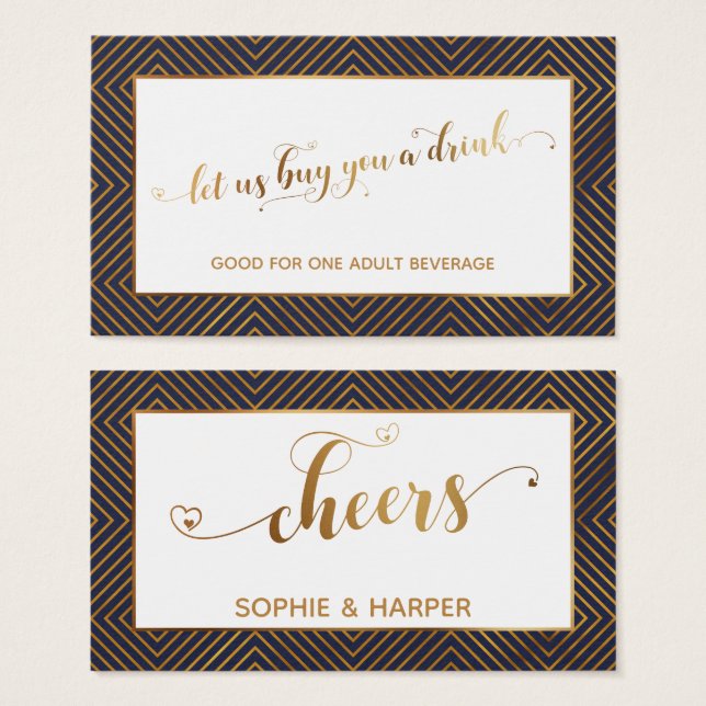 Drink Tickets, Gold Hearts Script, Diamonds, Navy (Front & Back)