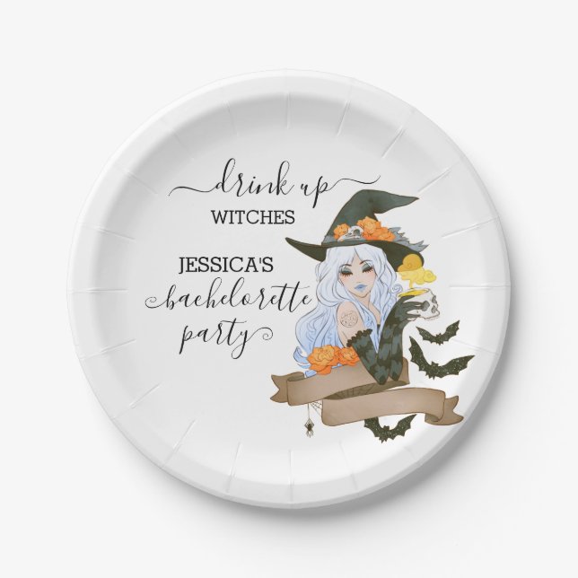 Drink Up Witches Bachelorette Halloween Paper Plate (Front)