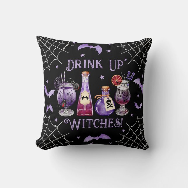 Drink Up Witches Cocktails and Costume Halloween Cushion (Front)