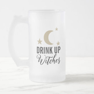 Drink up witches funny cute moon and stars design frosted glass beer mug