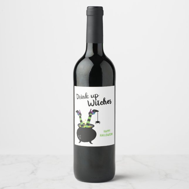 Drink up Witches Funny Halloween Party Wine Label (Front)