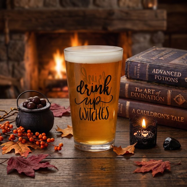 Drink Up Witches Funny Halloween Script Quote Glass (Brew up some spooky fun with this Drink Up Witches funny Halloween script quote design. )