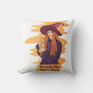 Drink Up Witches Ghost Funny Halloween Groovy Cushion