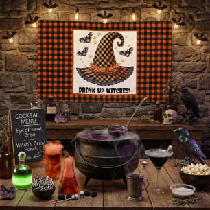 Drink Up Witches Gingham Halloween Witch Hat Banner