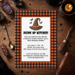 Drink Up Witches Gingham Witch Hat Halloween Invitation