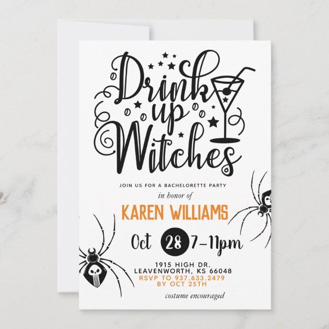Drink Up Witches Halloween Bachelorette Party Invitation (Front)