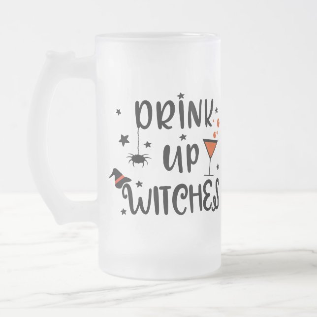 Drink Up Witches Halloween Frosted Glass Beer Mug (Left)