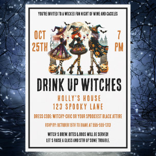 Drink Up Witches Halloween Ladies Night Wine Invitation
