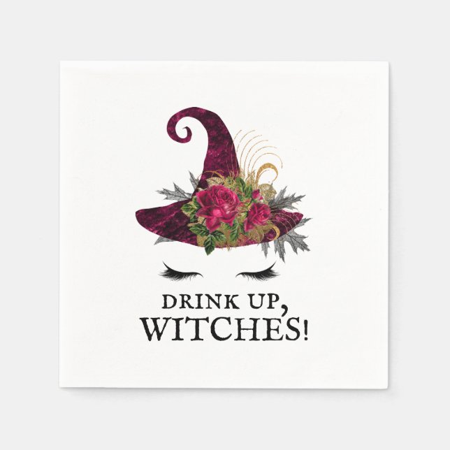 Drink Up Witches Halloween Red Witch Hat Napkin (Front)