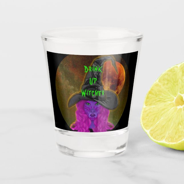 Drink Up Witches Halloween  Shot Glass (Front)