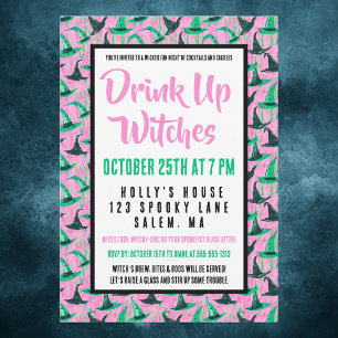 Drink Up Witches Pink Halloween Ladies Party Invitation