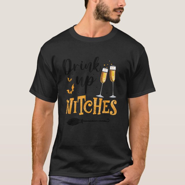 Drink Up Witches Wine Glass Witch Hat Drinking Hal T-Shirt (Front)