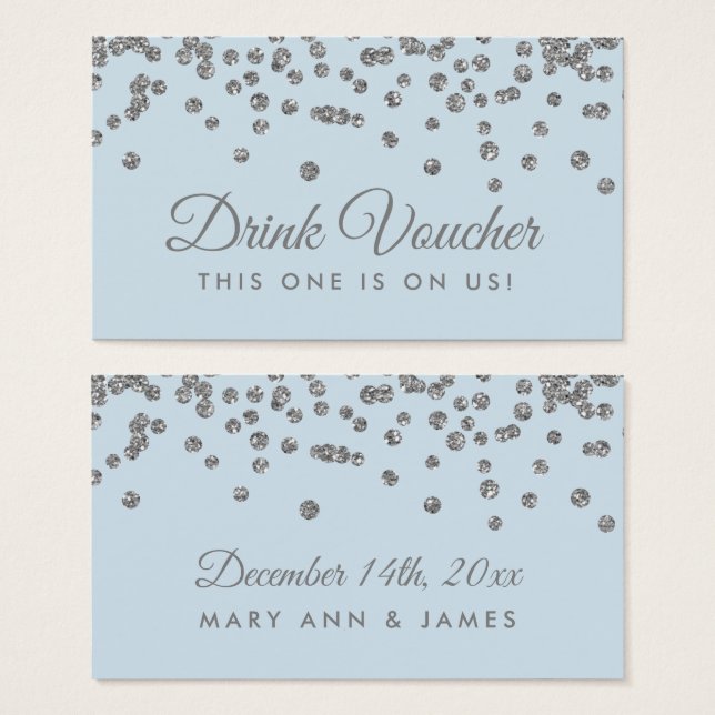 Drink Voucher Silver Faux Glitter Confetti Ice Blu (Front & Back)